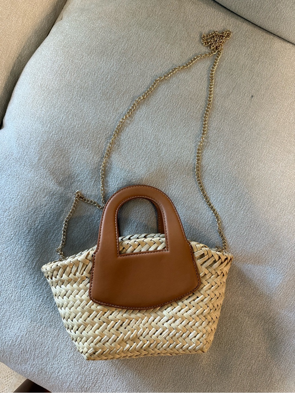 Woven Mini Straw Bag with Tan Leather-Style Handles - Picture 3 of 5